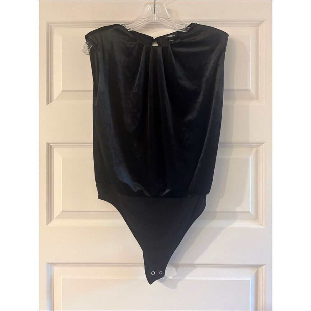 Express Black Velvet Sleeveless thong bodysuit with shoulder pads